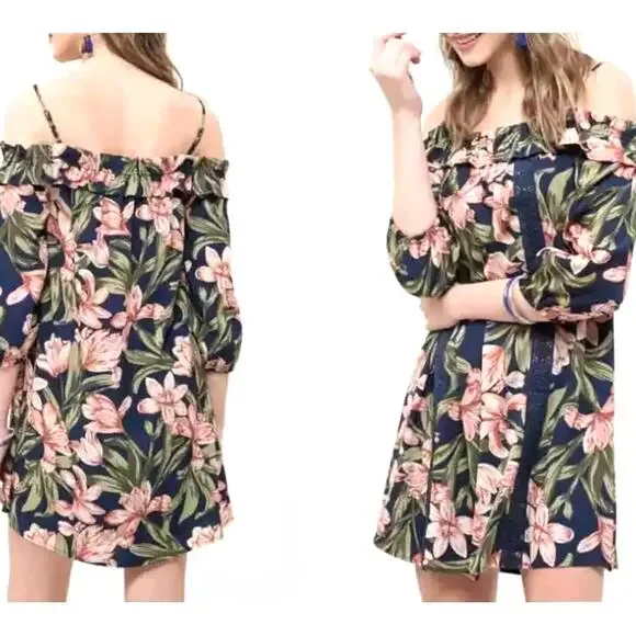 Blu Pepper Cold Shoulder Floral Dress Size M Tropical Off Shoulder Dress - Picture 1 of 17